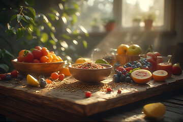 Sunlit morning harvest a vibrant still life of fresh fruits and grains on a rustic wooden table