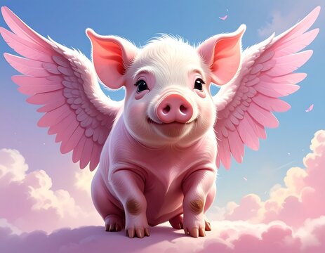 Cute pig with wings on a cloud