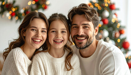 Three happy people sharing a big smile. Family time during the holidays. Christmas lights and warmth in the background.