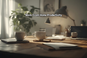 Cozy home office scene with steaming mugs of coffee a laptop and natural light creating a productive and relaxing atmosphere for remote work