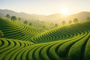Obraz premium Lush green terraced fields with plants under warm sunlight in rolling hills landscape background, captured in a creative natural light style. Ai generative