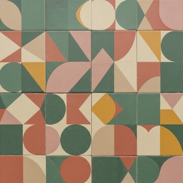 Sixteen square tiles showcase geometric patterns in muted colors