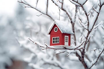 A charming miniature red house nestled amongst snowy winter tree branches