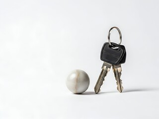 Shiny silver keys on a metal ring resting near a polished marble sphere on white backdrop