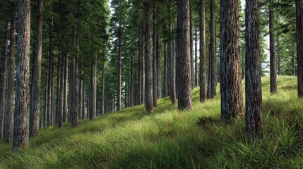 Fototapeta premium Forrest Timber. Pine Tree Wood in Conifer Landscape Uphill