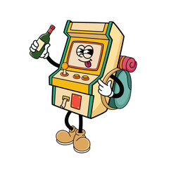 Funny Arcade Machine Mascot Holding Bottle and Backpack