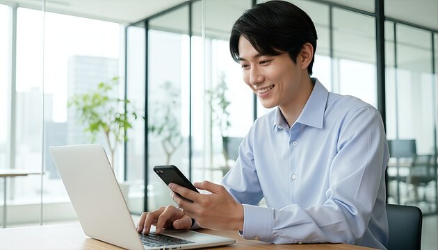 パソコンとスマホを使いデスクワークする男性