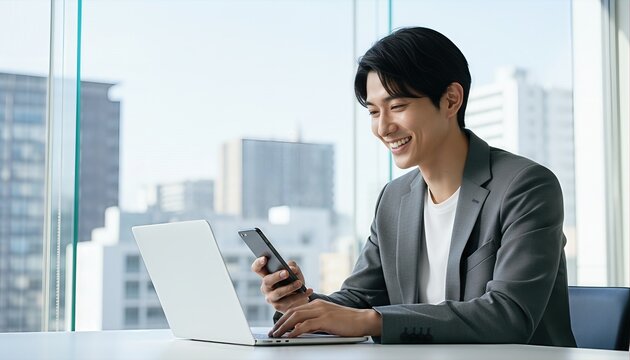 ジャケット姿でPCとスマホを使うビジネスマン - Powered by Adobe