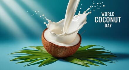 World coconut day celebration with coconut milk splashing from a half coconut