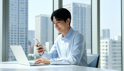 都会のビルを背景にスマホを操作する男性
