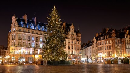 Fototapeta premium Christmas market scene with lit tree, historic buildings, and stalls at night, wide view, copy space