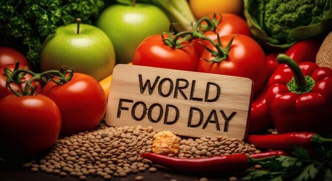 World food day message surrounded by fresh fruits and vegetables