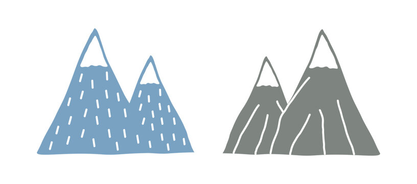 Set of two drawings isolated on  white background. Blue and gray mountains with  snow covered peak. Flat cartoon design. Vector illustration. Environment, nature.