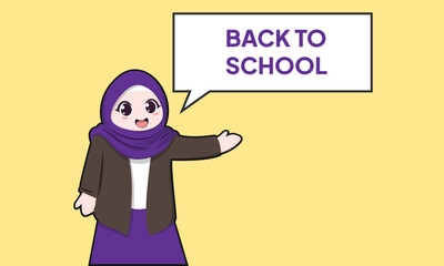 Back to school background. Flat style female character wearing hijab and uniform cartoon illustration