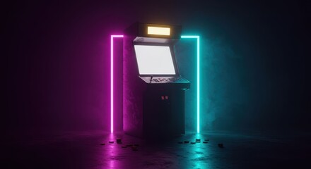 Retro Arcade Gaming Machine with Neon Lights in a Futuristic Dark Room