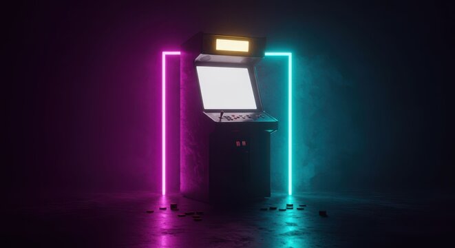Retro Arcade Gaming Machine with Neon Lights in a Futuristic Dark Room