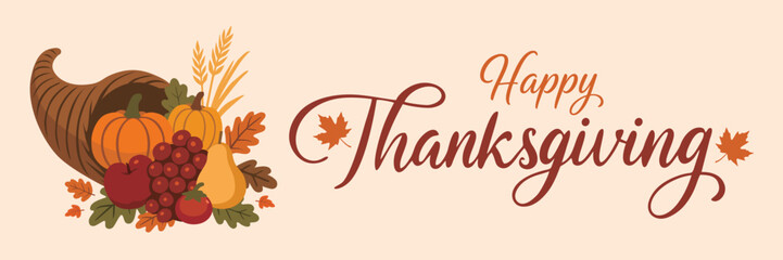 Happy Thanksgiving Banner. Happy Thanksgiving Day Banner with cornucopia, pumpkins, fruits, and autumn leaves on beige background. Vector illustration.