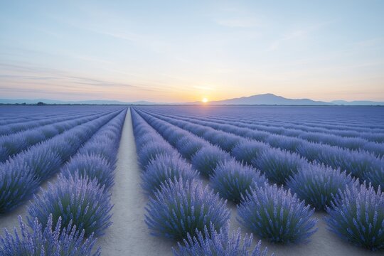 Endless rows of blooming lavender plants in a field at dawn with soft morning light and mountains in the distant background. Ai generative.