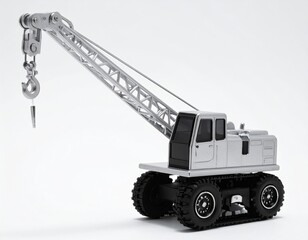 A silver model crane on a white background with detailed lifting arm and hook