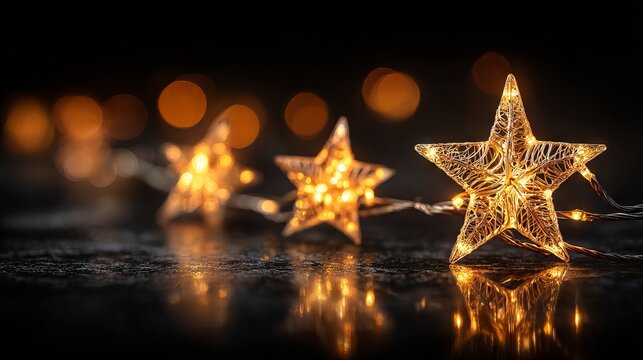 Bright golden star shaped lights on dark background twinkling bokeh glow festive sparkle elegant abstract backdrop for holiday cards web banners social media headers product mockups and copy space - Powered by Adobe
