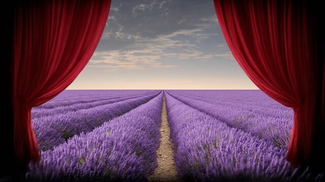 Red curtains reveal lavender field with blue sky and pathway