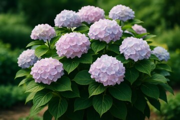 Fototapeta premium Blooming pastel hydrangea flowers with green leaves in a lush garden, captured under natural light on a soft-focus green background outdoors. Ai generative