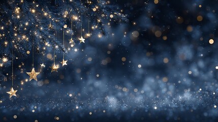Christmas and New Year banner with gold stars and shimmering bokeh lights on dark blue background festive holiday backdrop for web and print greeting cards invitations and seasonal promotions