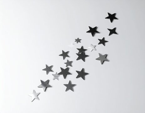 Scattered, metallic star shapes on a white background create an abstract design