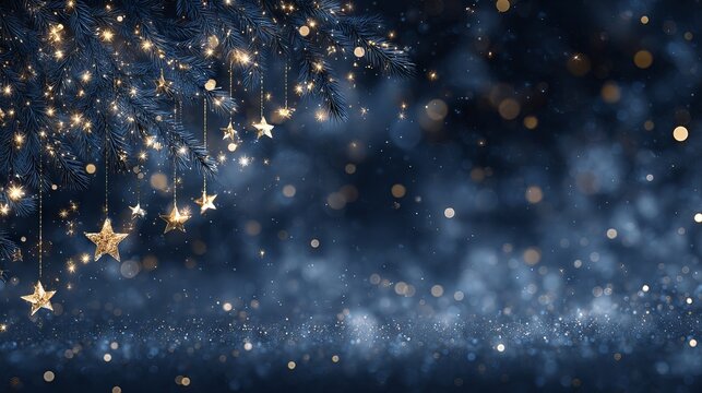 Christmas and New Year banner with gold stars and shimmering bokeh lights on dark blue background festive holiday backdrop for web and print greeting cards invitations and seasonal promotions