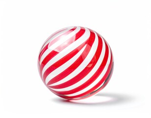Fototapeta premium A transparent sphere features red and white stripes, with a shadow, on a white background