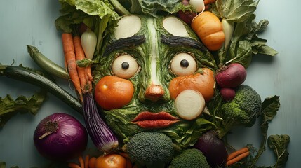 A vegetable face artfully arranged with various fresh produce on a light blue background surface