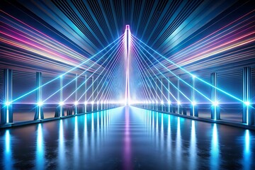 Futuristic bridge with neon lights and reflections at night