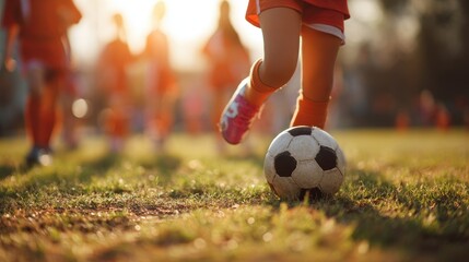 Girls High School Soccer. Children's Team Playing Soccer in Nature Park Grass