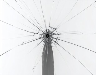 Close-up of shattered glass with cracks radiating from a central impact point