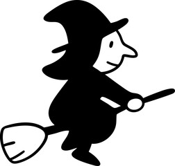 Witches forest silhouette flying on broomstick in simple black and white style