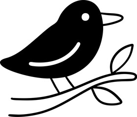 Witches forest bird perched on branch with leaves in simple black silhouette style