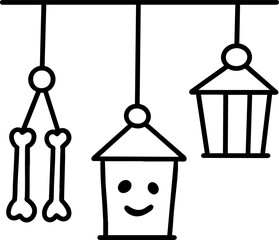 Witches bones and forest lanterns hang in spooky scene with smiling face for magical effect