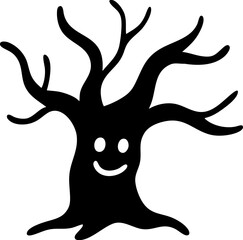 Happy witches forest tree with smiling face and twisted branches in dark silhouette