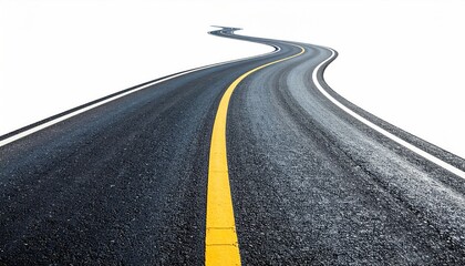 Winding asphalt road with yellow center line curves towards an unseen horizon