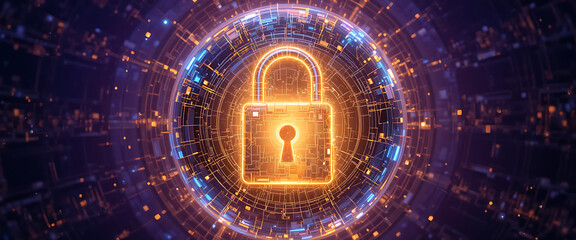 Network-inspired abstract background, glowing cyber 3d lock with golden metal layers in glass orb, dark purple wall gradient with blue shimmer,