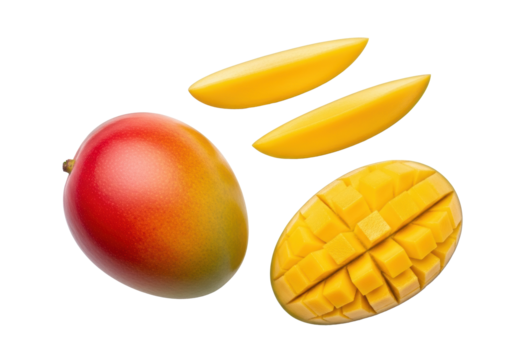 Ripe mango (red-yellow, green leaf), two golden slices, one half with precision-cut juicy yellow squares. transparent background, copy space, no shadows. Concept of healthy eating and tropical delight