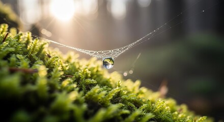 Serene Dewdrop on Intricate Spiderweb in Morning Forest