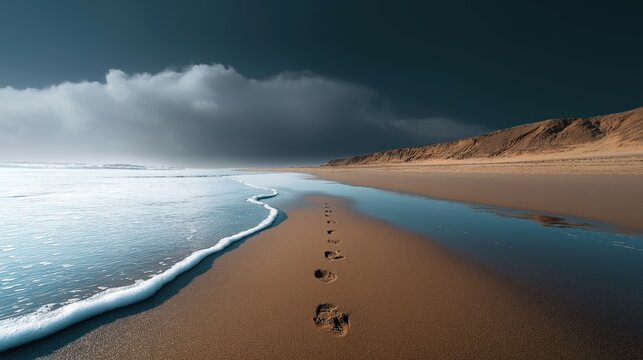Landscape photograph of a beach. the sky is a deep blue with a few wispy clouds scattered across it.