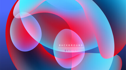 Abstract vibrant overlapping circles. Blue, pink, red hues blend against black backdrop. Modern design element.