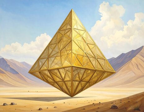Golden geometric octahedron floating in a desert