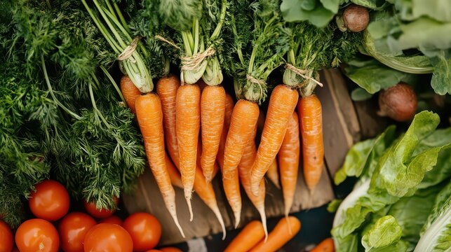 A vibrant display of fresh carrots with green tops alongside tomatoes and leafy vegetables on display