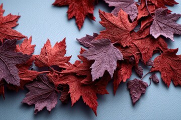 Obraz premium A beautiful bunch of vibrant red and purple leaves resting on a blue surface