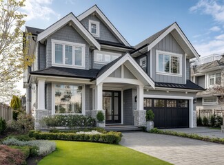 A large house that is gray and white with a white garage door