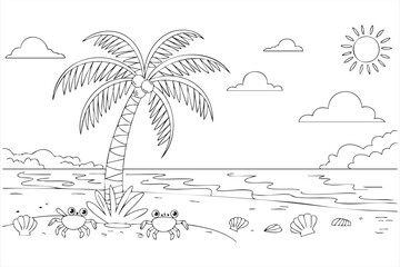 Outline Beach Scene with Crabs, Seashells, and Palm Tree Illustration
