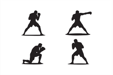 Black and White Boxing Silhouette Set of Athletes in Fighting Poses